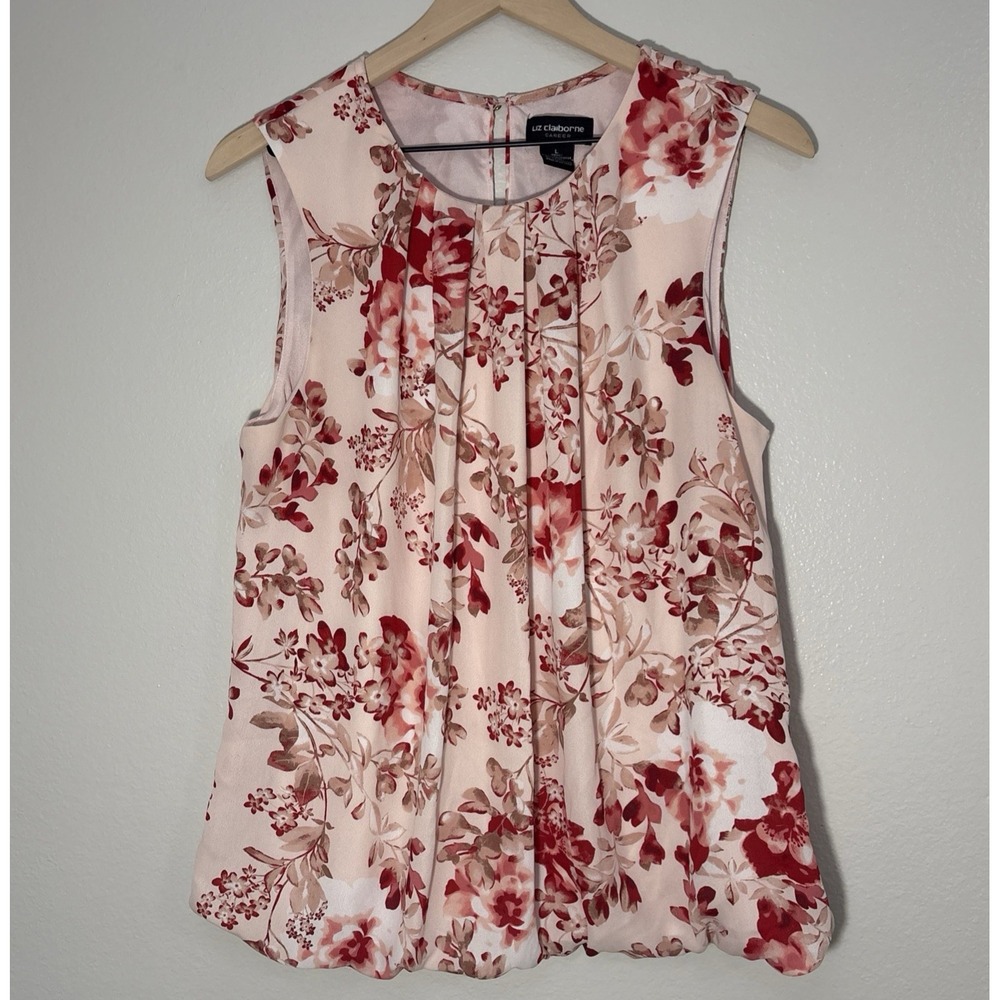 LIZ CLAIBORNE CAREER Womens Pink Lined Floral Pleated Sleeveless Blouse Top Sz L